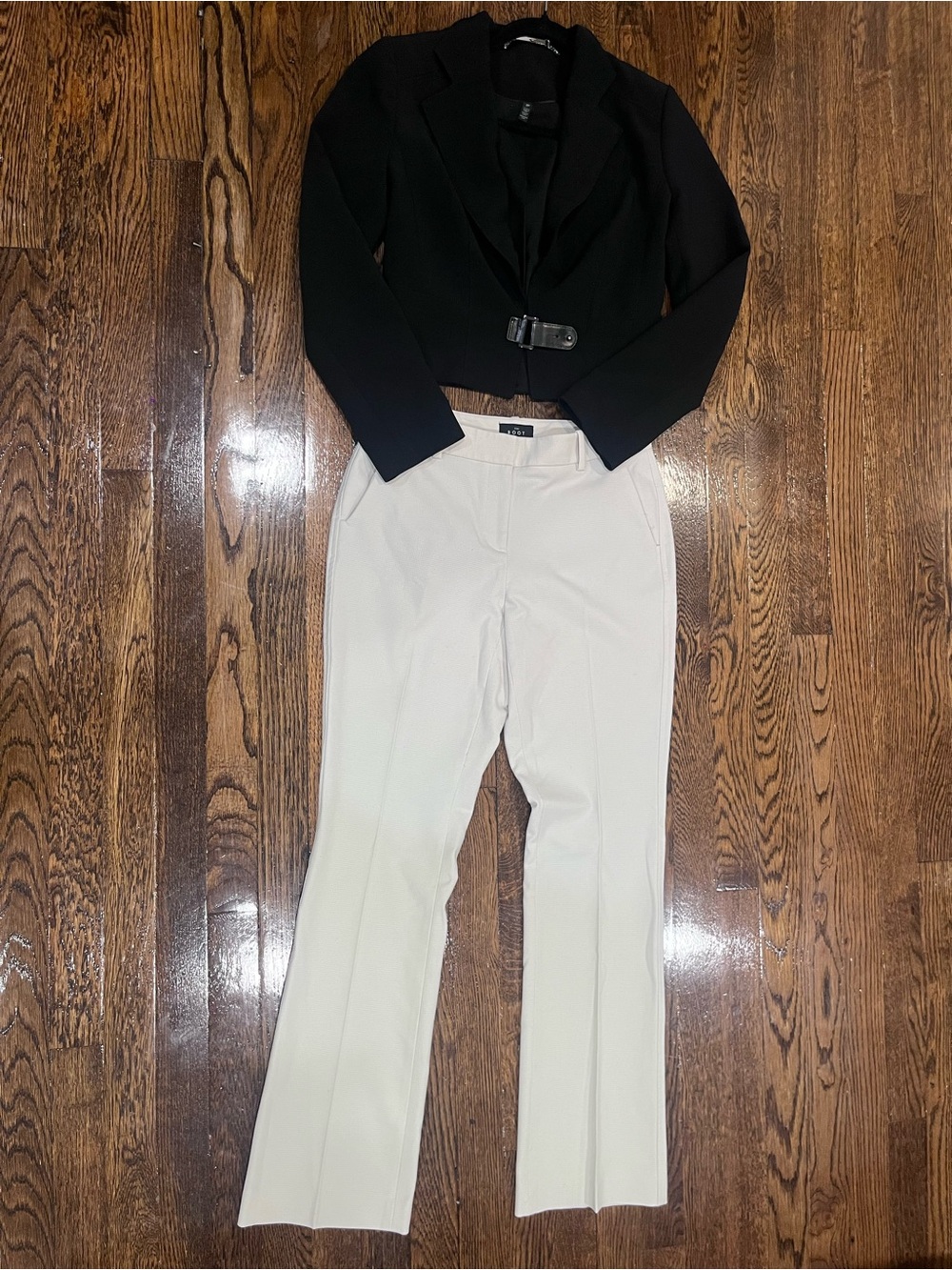White House Black Market Black Cropped Blazer with Cream Boot-Cut Pants
